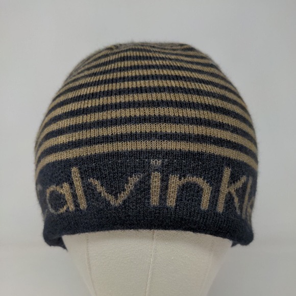 Calvin Klein Men's Beanie Hat Black 100% Acrylic Striped Spell Out - Picture 2 of 13